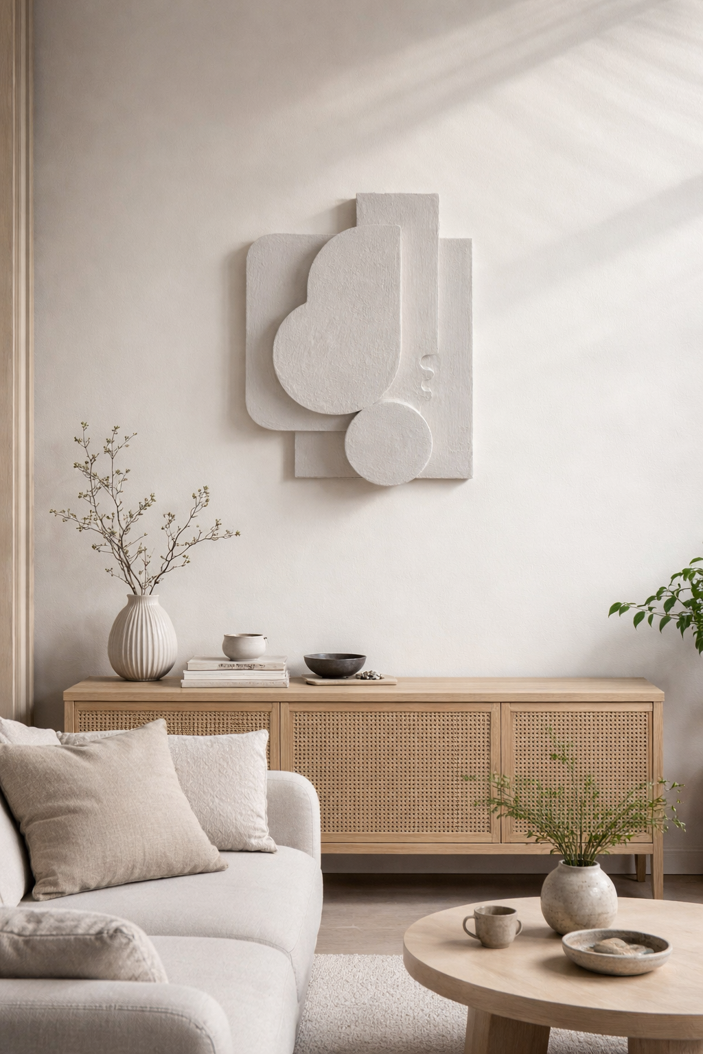 japandi textured wall sculpture neutral tones