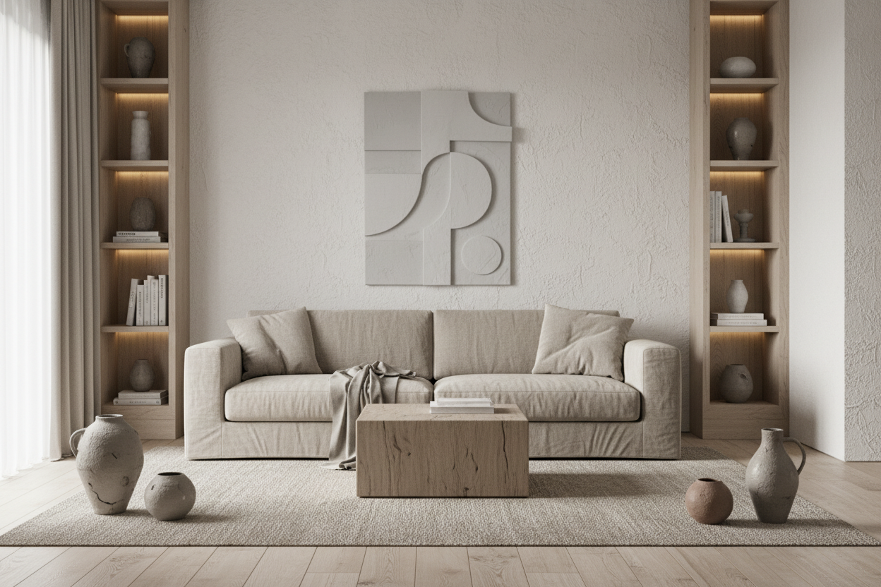 minimalist japandi plaster wall decor for living room feature wall