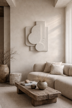 modern japandi plaster wall sculpture above sofa